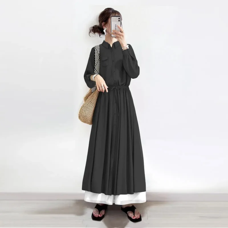 

Japanese Autumn 2023 New Women's Winter Contrast Patch Pocket Long Sleeve Slim Dress Fake Two Piece Shirt Skirt For Women