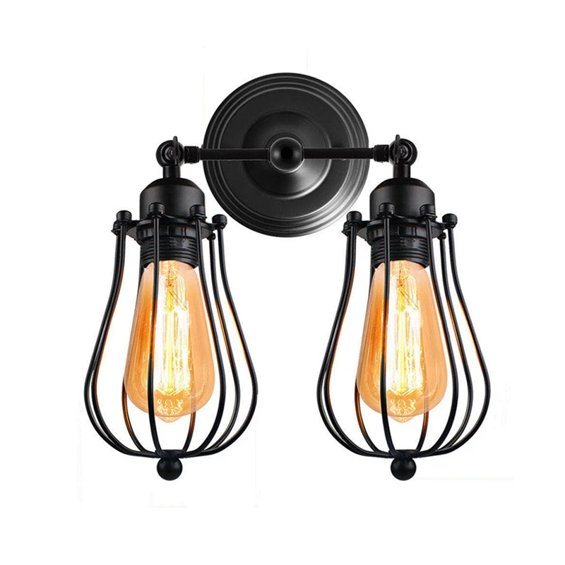 

HOT SALE Industrial Metal Wall Sconce 2 Light Wire Cage Wall Light Fixture Vintage Style Rustic Wall Lamp For Headboard Bedroom
