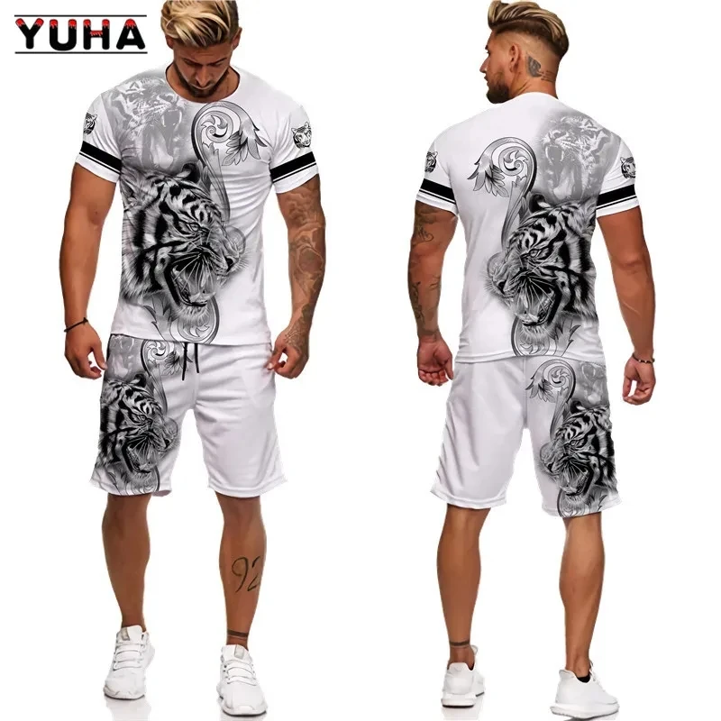 YUHA-Camiseta y pantalones cortos с 3D принтом тигра Кинг для мужчин и женщин костюм унисекс топы