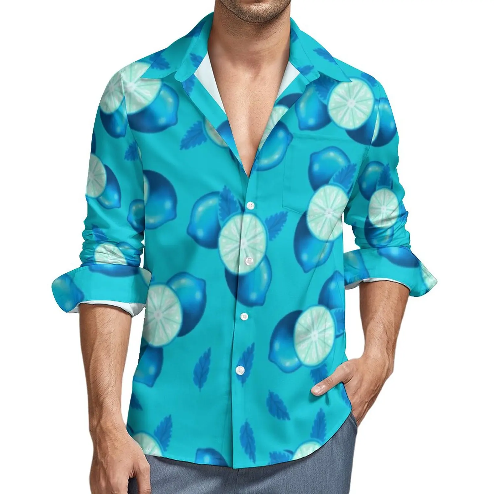 

Lemon Print Shirt Man Blue Lime Fruits Casual Shirts Autumn Y2K Design Blouses Long Sleeve Loose Oversized Clothing Gift Idea
