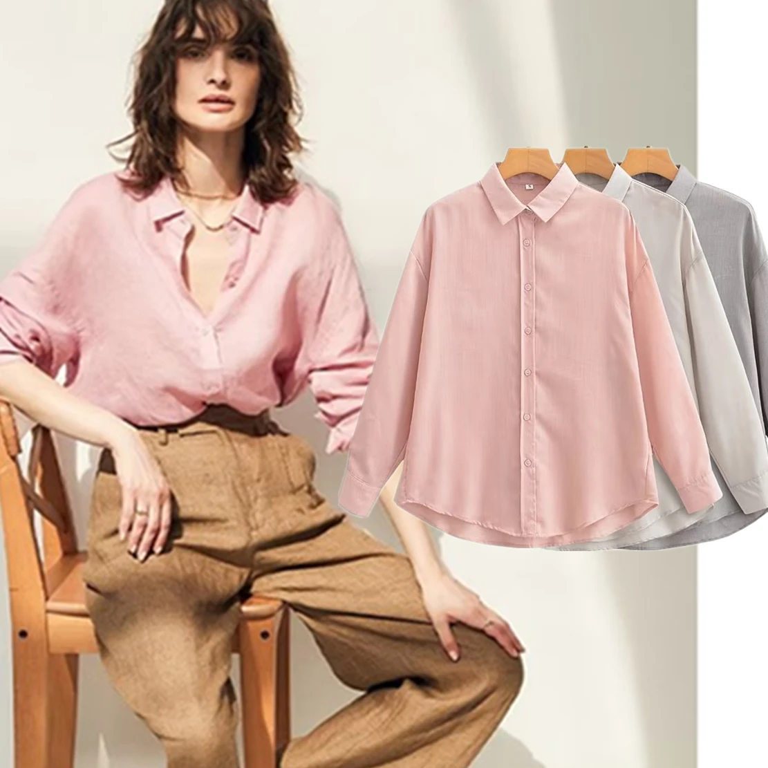 

Jenny&Dave 2023 Autumn Solid Long Sleeve Shirt Simple Fashion Blouse Women