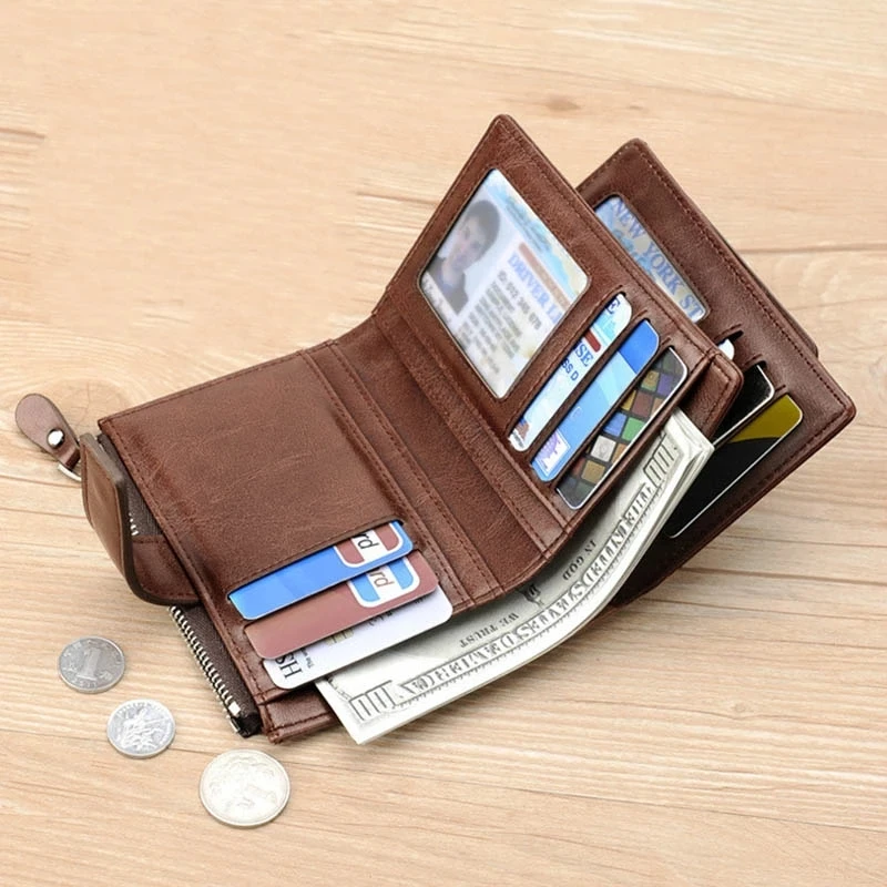 Vintage Soft Leather Men's Wallet Zipper RFID Blocking Coin Purse Business Card Holder Multi Function Male Money Clip