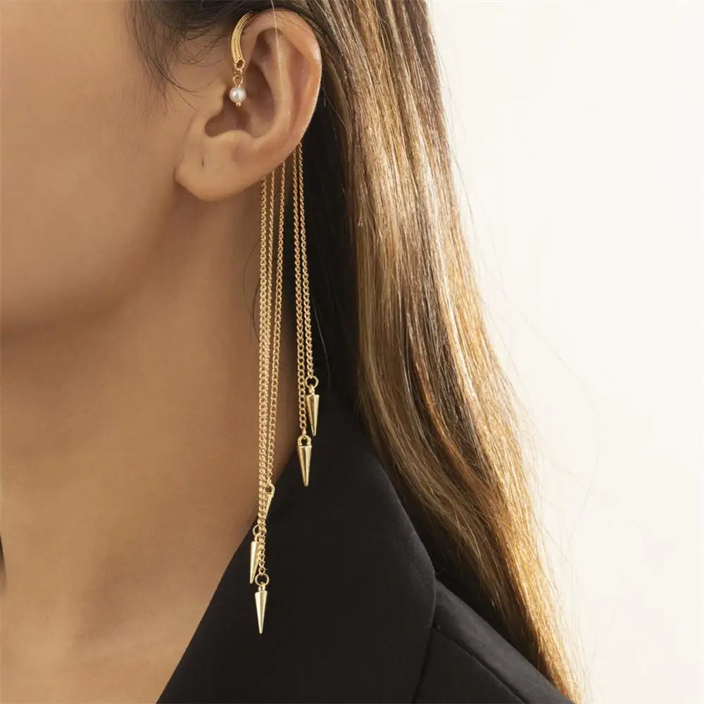 

Tassel Earrings Single Elf Earrings Imitation Pearls Ear Clips Exaggerated Punk Geometric Female Women Jewelry