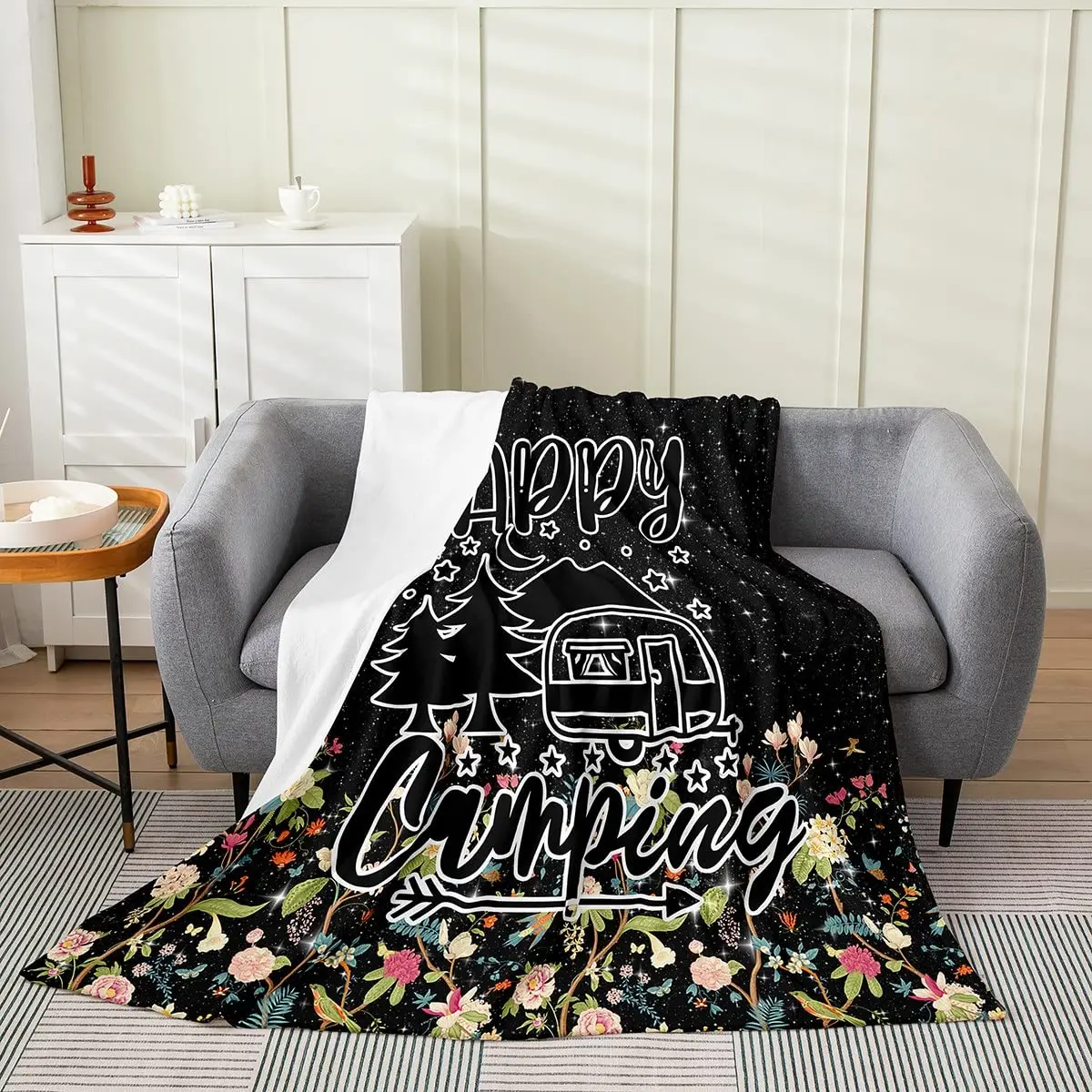 

Happy Camper Blanket Throw Flannel Blanket Super Soft Cozy Warm Gifts Blanket for Couch Chair Bed Sofa Office for Teens Camping