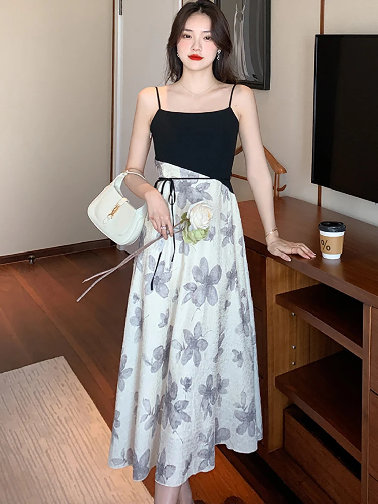 Women Print Patchwork Sling Sexy Midi Dress Summer Korean Elegant Bodycon Dresses 2023 Fashion Chic Luxury Casual Party Vestidos