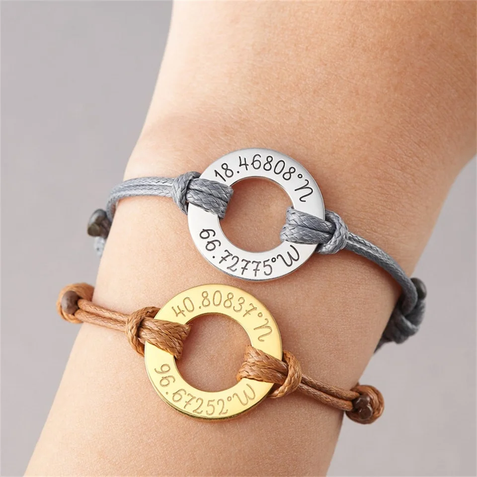 

Personalized Rope Adjustable Womens Bracelet Custom Couple Stainless Steel Circle Men Bracelet with Name Kids Jewelry Mom Gifts