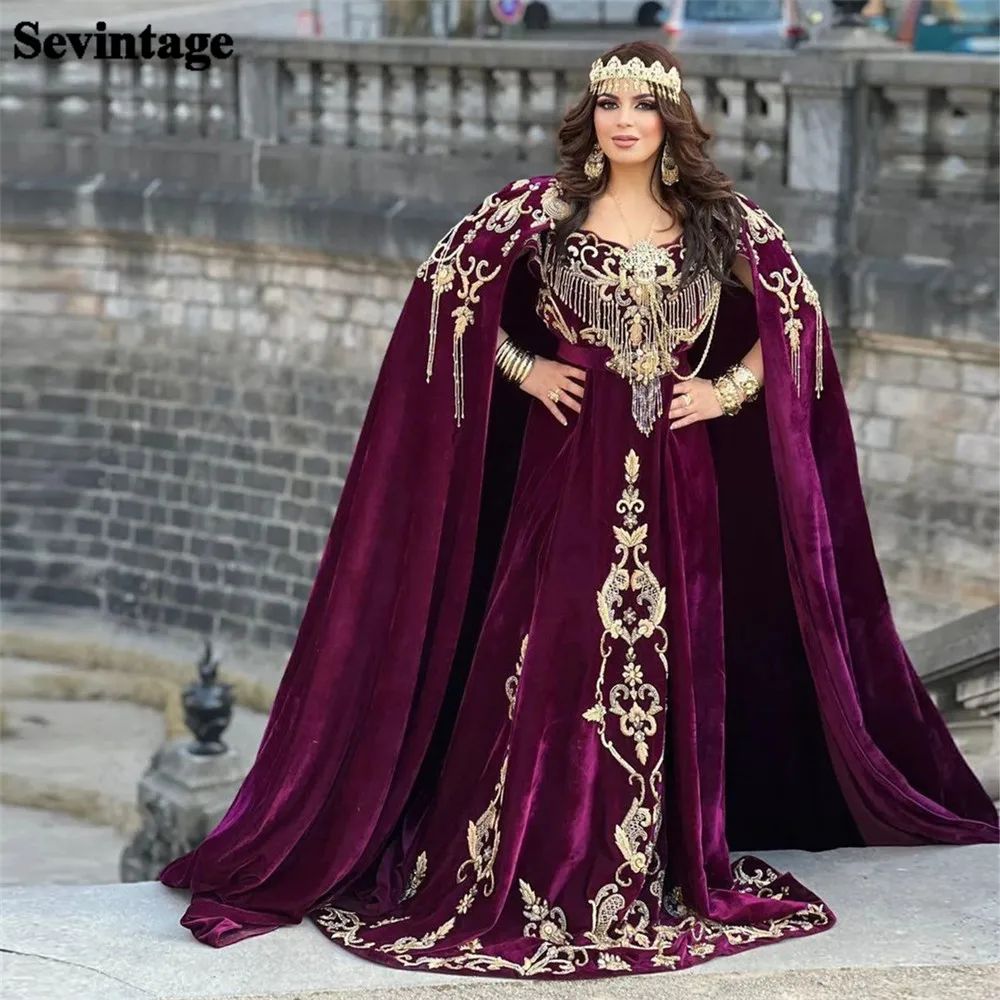 

Sevintage Elegant Burgundy Karakou Algerian Evening Dress A-Line Scoop Neck Lace Appliques Luxury Floor Length Formal Prom Gown