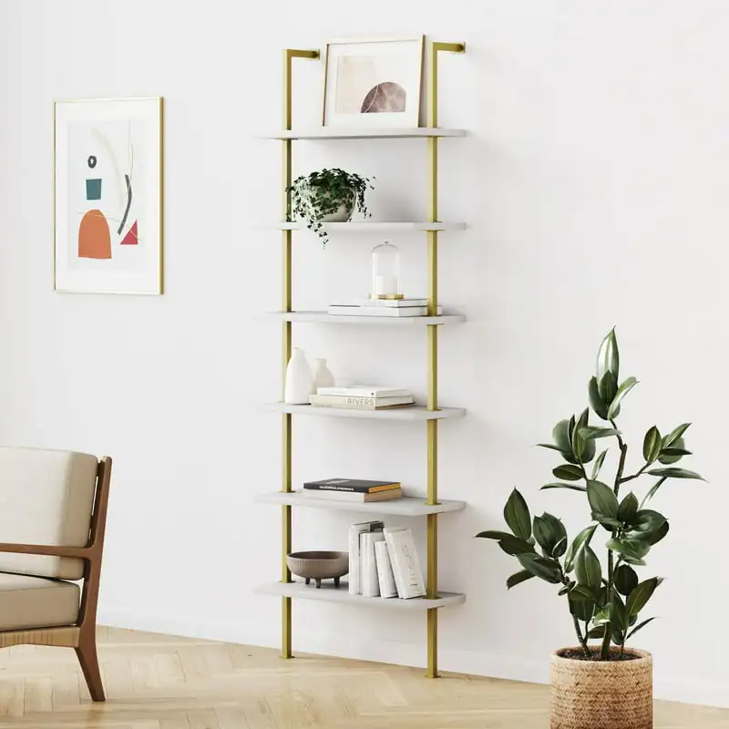 

Theo 6- Tall Bookcase Wall Mount Bookshelf White Wood with Gold Brass Metal Frame White/ Photocard holder Photocard binder Photo