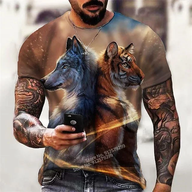 

Tiger and Wolf 3D Printing T-shirt Men's Fashion Streetwear Tops Summer Short Sleeve Funny Tee Shirt