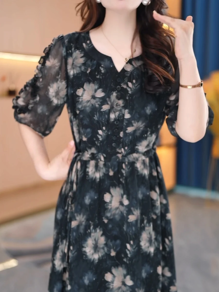 Accessible Luxury High-End Fashion Print Dress Women's 2025 New Arrival K-sle Silm Slim Looking Anti-Aging Mid-Length A- li... |