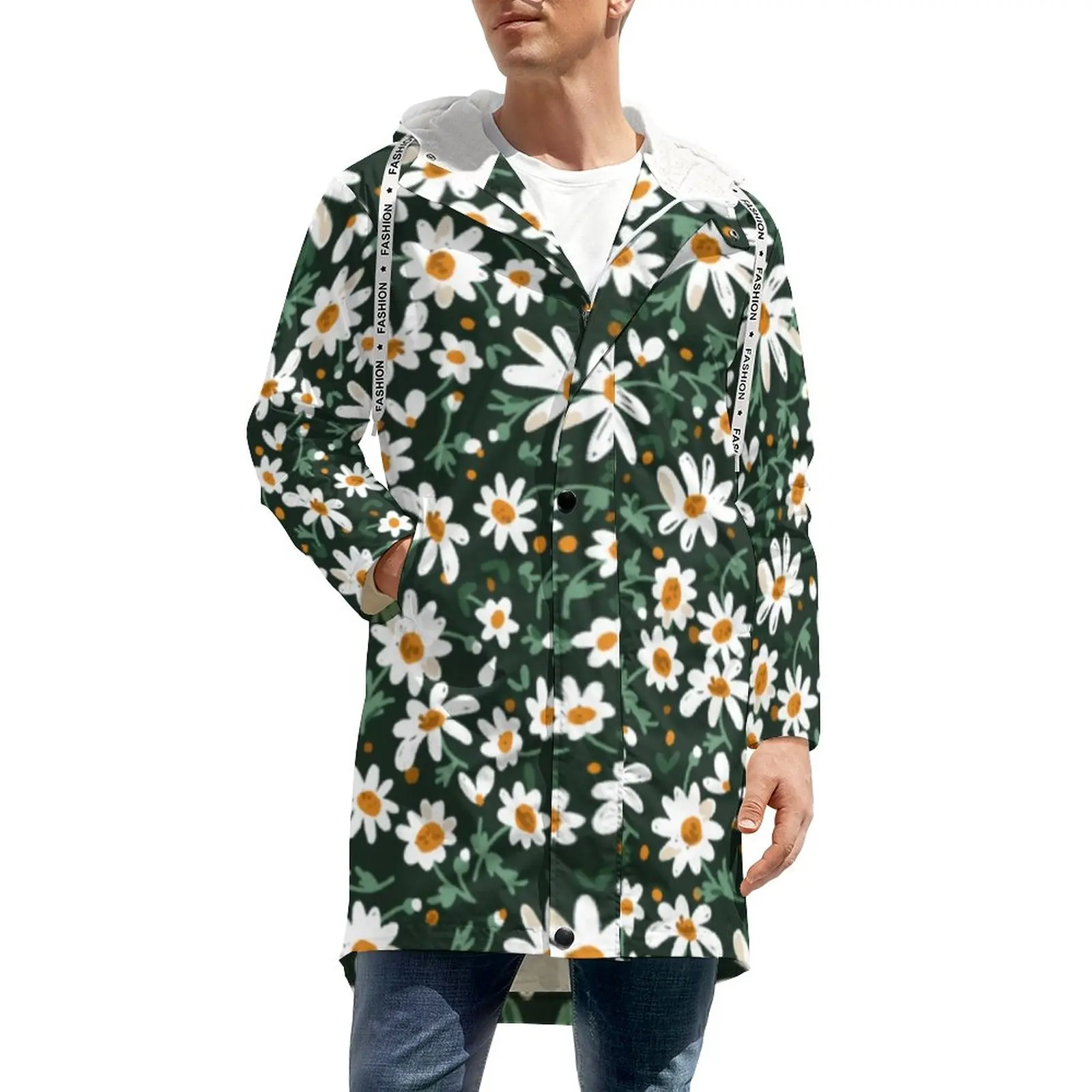 

Elegant Daisy Coats White Flower Print Long Casual Thick Warm Windbreak Man Graphic Street Fashion Loose Winter Jackets 5XL 6XL