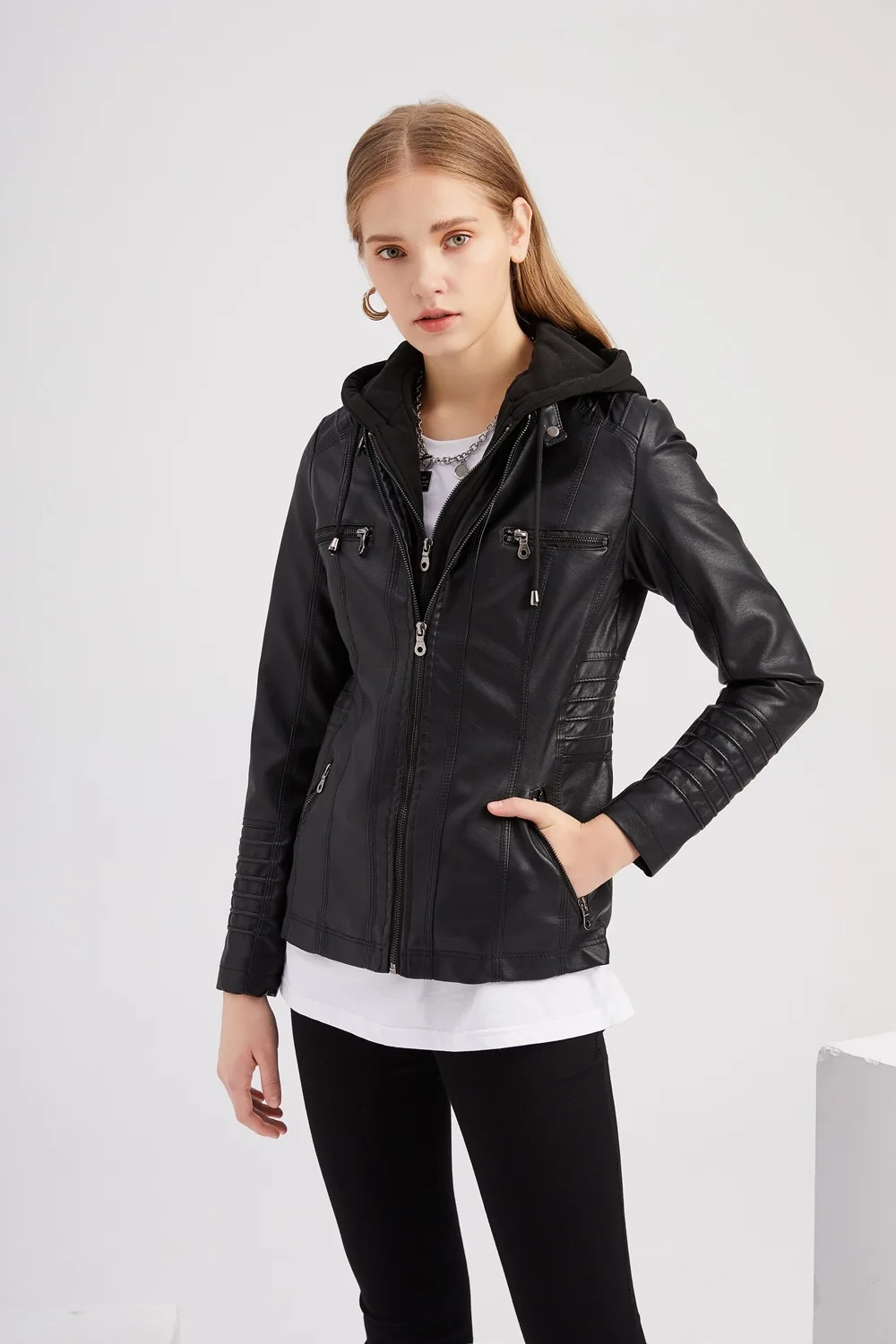 

Hooded Leather Jacket Ladies Two Piece Detachable Large Size Autumn Winter Coat Women