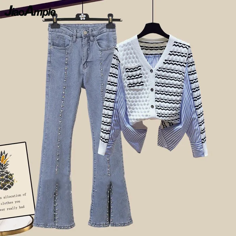 

2022 Autumn New Fashion Loose V-neck Shirt Top+Jeans Two Piece Set Women's Korean Elegant Cardigan Blouse Denim Trousers Suit