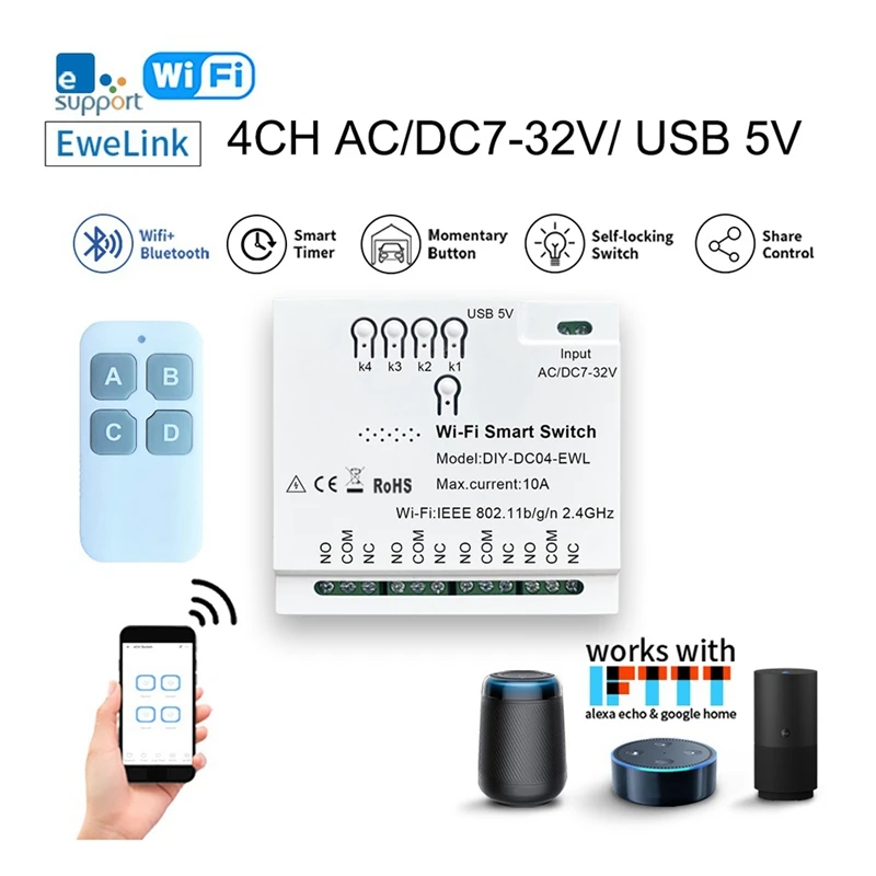 

4-канальный умный выключатель Ewelink с поддержкой Wi-Fi и дистанционным управлением через USB, 5 В, 2,4 ГГц, модуль домашней автоматизации для IFTT, Alexa, Google Home