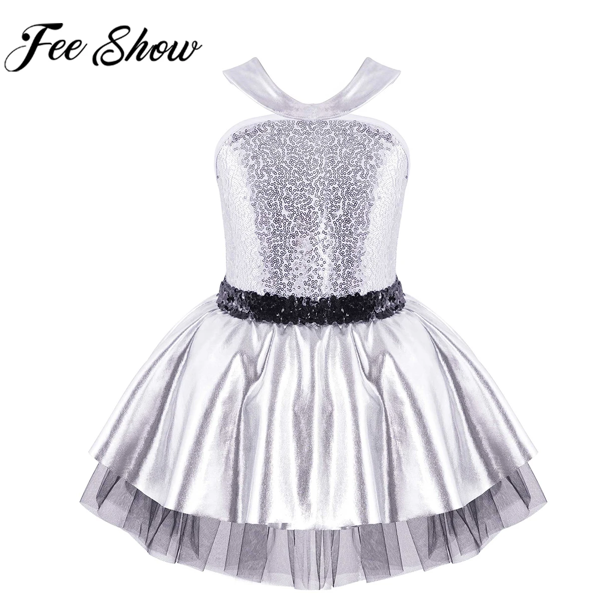 

Kids Girls Sleeveless Backless Ballet Leotards Dress Sparkly Sequin Decor Mesh Princess Tutu Dancewear for Performance Birthday