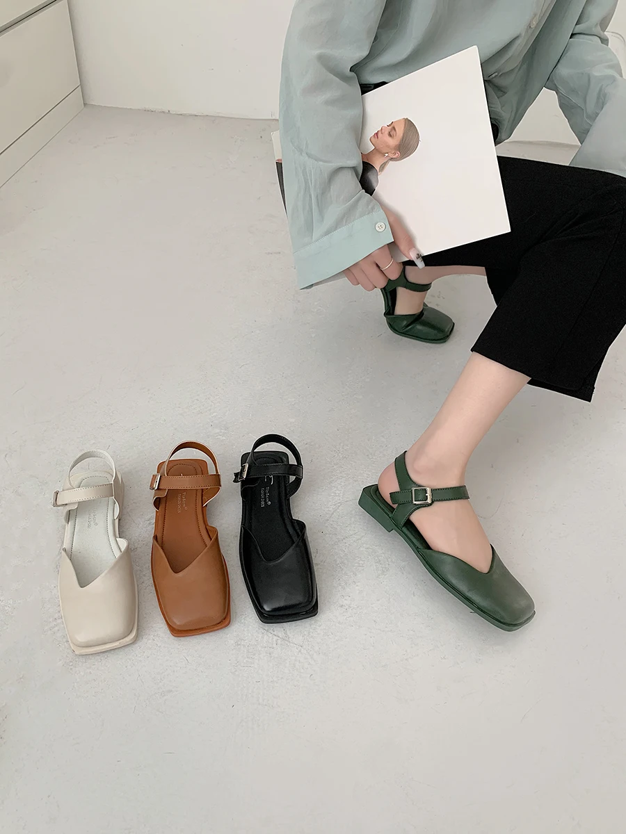 

Retro Woman Shoes Beige Heeled Sandals Square Toe 2022 Summer Original Spring Comfort Black Fashion Low New Girls PU Buckle Stra