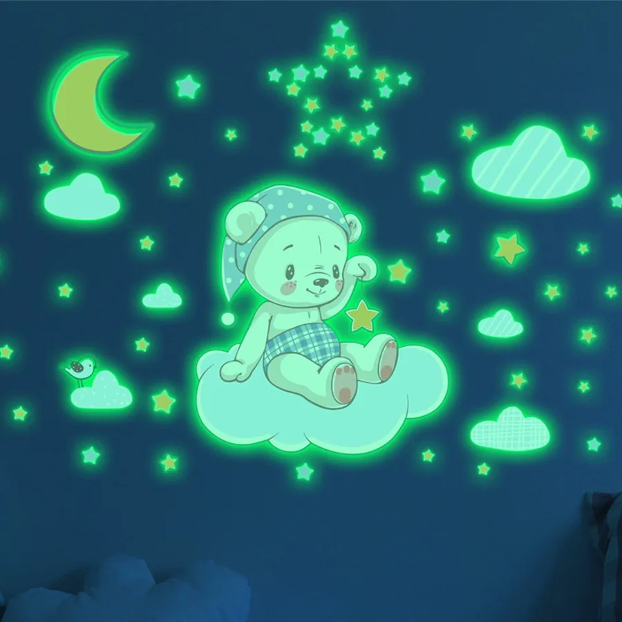 

Baby Room Decor Luminous Wall Sticker Kawaii Stars Moon Anime Bear Sticker Children's Bedroom Living Room Decoration Accessories