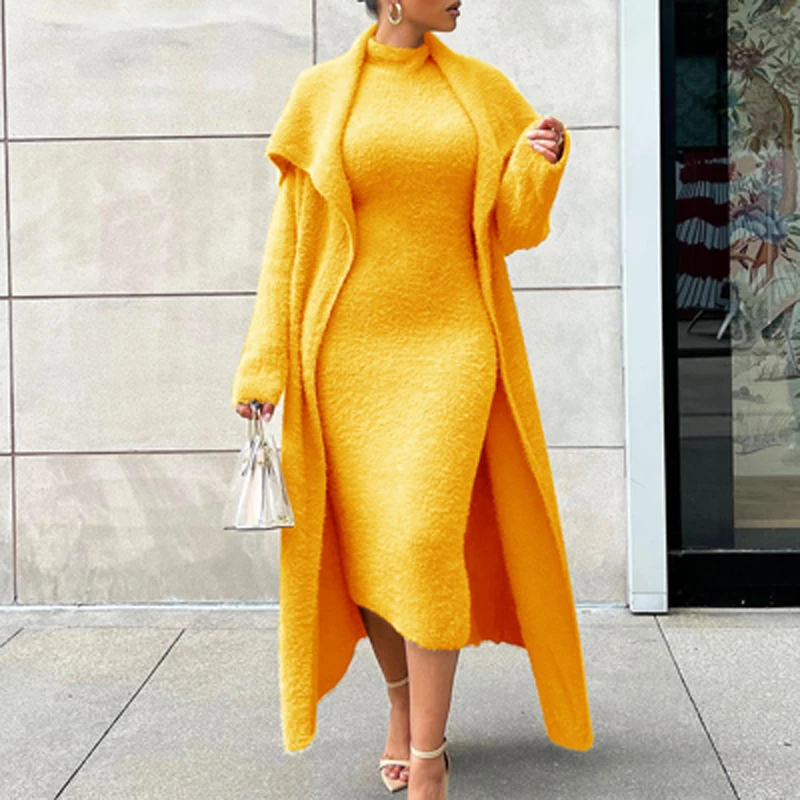 

Элегантный однотонный флисовый костюм с юбкой, женский длинный кардиган, длинные кардиганы и Облегающие юбки, комплект для вечеринки, Женск...