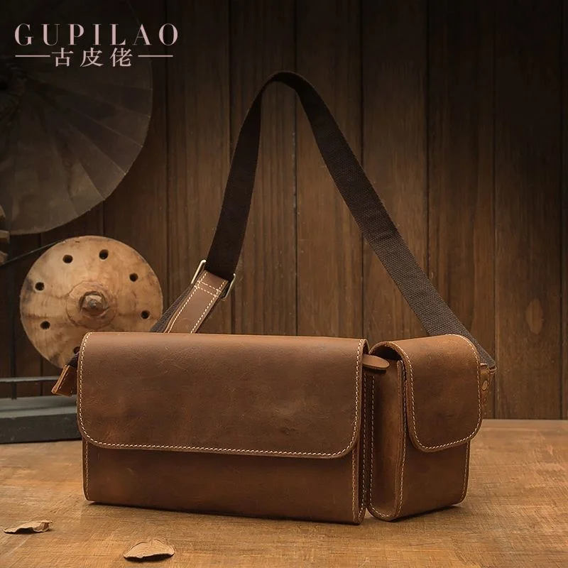 

genuine Handmade cowhide 100% chest Men's street trend Fashion messenger Retro Crazy Horse leather men's waist bag Leather casua