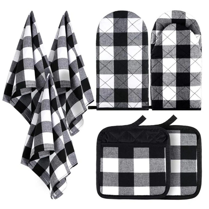 

7 Pcs Check Dish Towels Pot Holders Oven Mitts Non-Slip Heat Resistant Oven Mitts And Pot Holders For Cooking Grilling