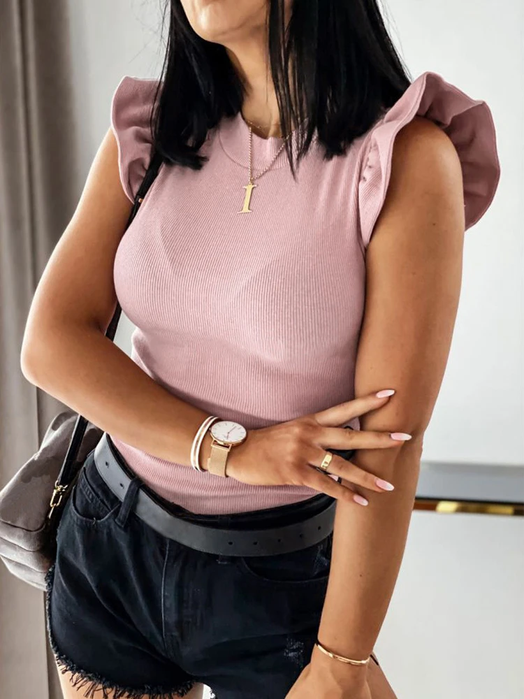 

Summer Sleeveless Ruffled Women's T-shirts White Thin Knit Ribbed Female Slim T-shirt 2022 New Fashion Casual Ladies Tops