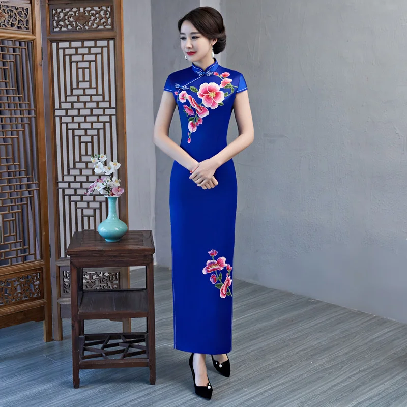 

Big Size 5XL Floral Sexy Cheongsam Long Women Rayon Qipao Mandarin Collar Chinese Dress Gown Vintage Evening Party Dressed