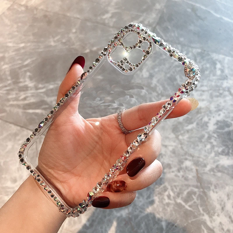 Bling Rhinestone Diamond Case for Iphone 14 11 12 13 Pro Max Mini X XS XR 7 8 Plus Glitter Camera Protection Cover Soft Cases