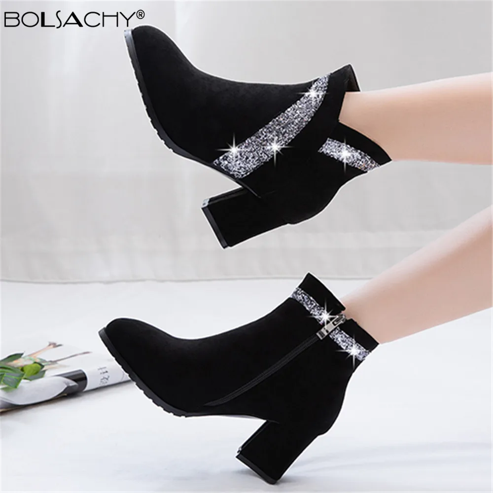 

2022 Fashion Autumn Winter Flock Women ankle Boots Stitching Sequin Cloth heels Botte Femme Side Zip Round toe Chelsea Boots