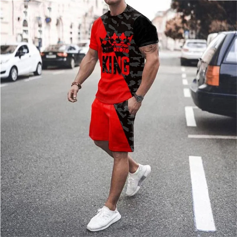 King K Camo Print Men's Suit Summer Fashion Streetwear Set High Street T-shirt + Shorts 2 Piece Tracksuits Set Casual Sportswear