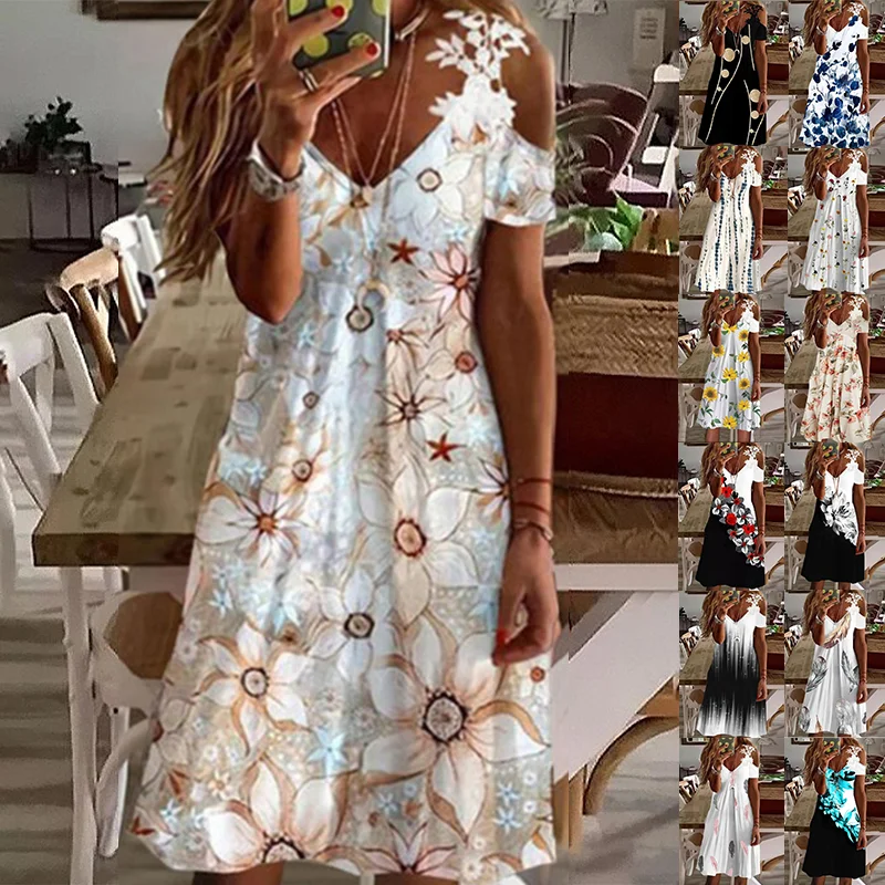 

Women Fashion Flower Printed Mini Dress Sexy V Neck Short Sleeve Midi Dress Off Shoulder Lace Patchwork Dress Casual Beach Dress