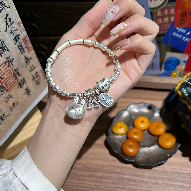 

Новое поступление, прекрасный кролик и сердце, Ретро тайский серебряный женский браслет с шармами, ювелирные изделия для женщин, подарки на день рождения, не выцветают