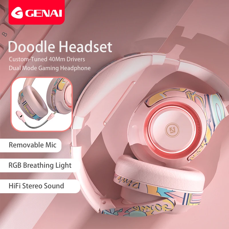 

Genai Gaming Headset with Microphone Bluetooth 5.1 Headphone Stereo Deep Bass Wireless Headphone for PC Gamer with Fasion Doodle