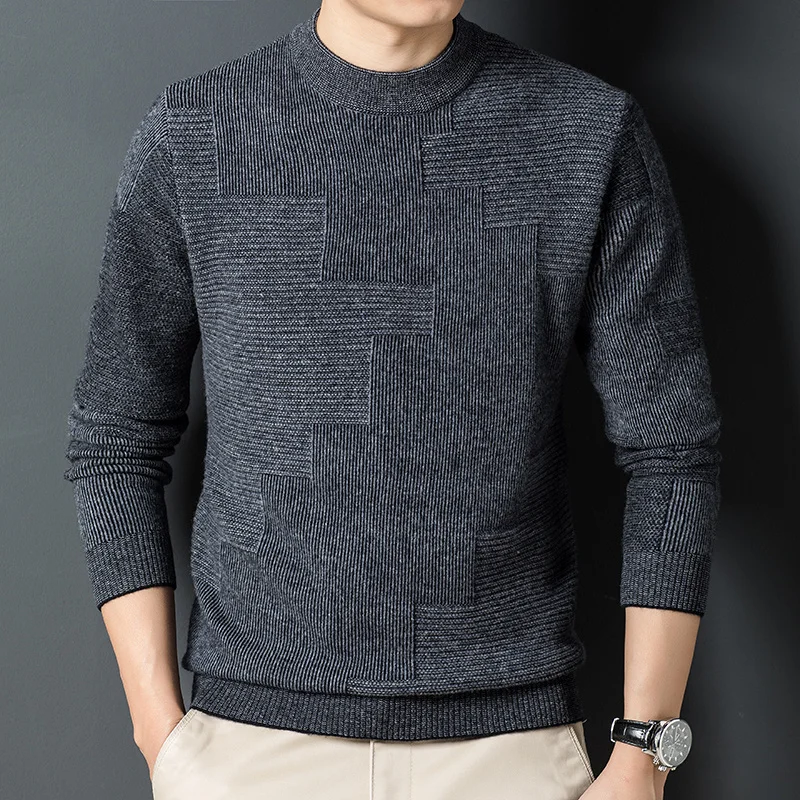 new 2022 autumn winter 100% wool men's half high crew neck thickened knitted bottomed sweater