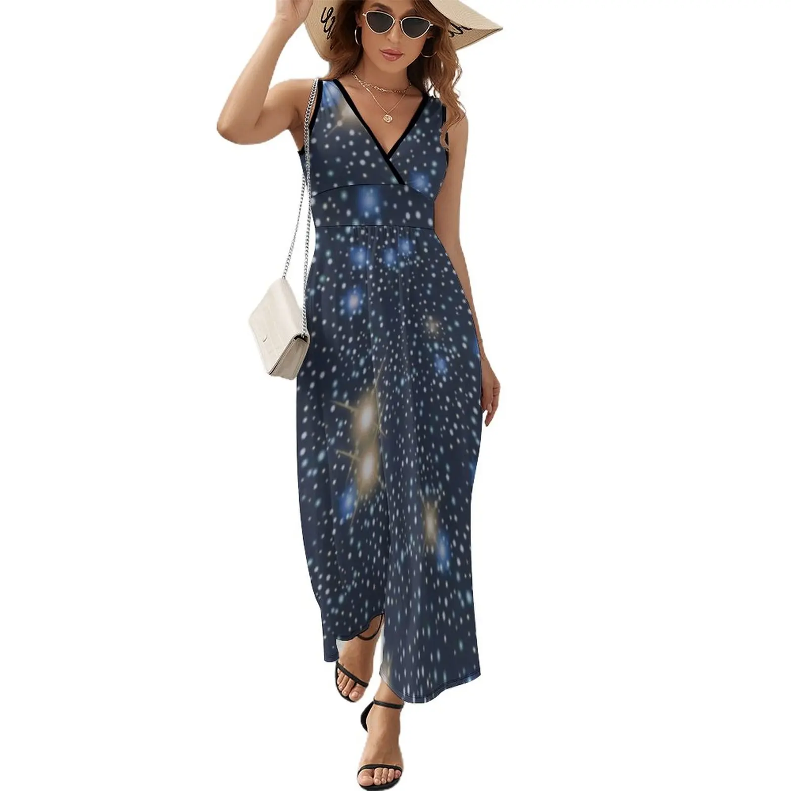 

Dark Blue Galaxy Dress Vivid Sparkle Stars Night Club Maxi Dress V Neck Design Boho Beach Long Dresses Casual Big Size Clothing