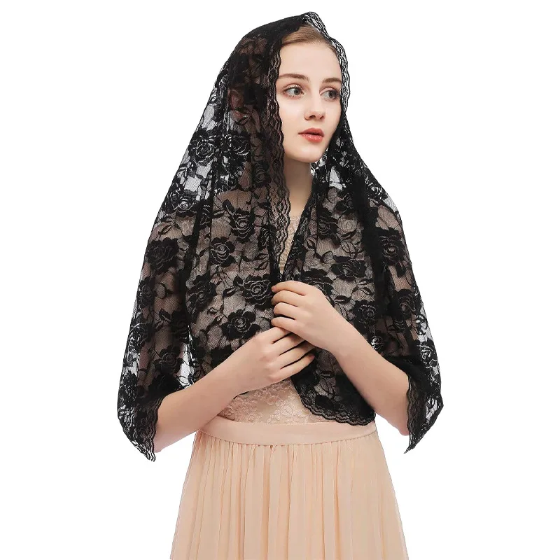 Фото Фата Mantilla для церкви в испанском стиле, кружевная фата для свадьбы, черно-белая часовня, католическая вуаль, мусульманское покрытие головы №4