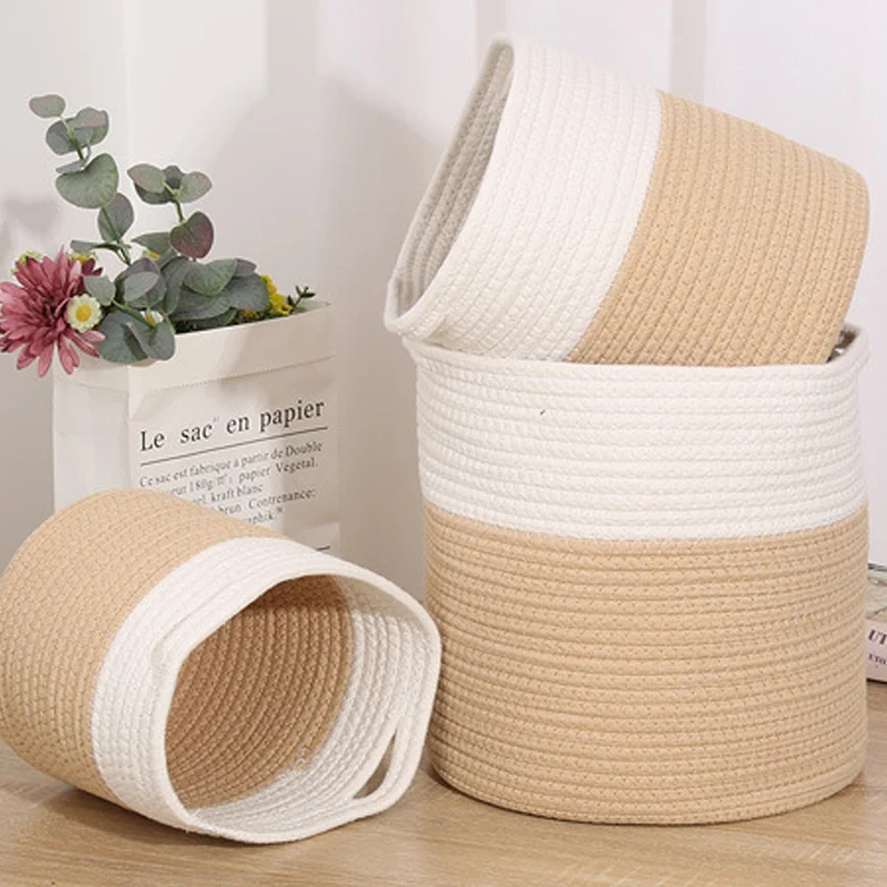 Nordic woven laundry basket storage bin Desktop Cotton Rope Woven Storage Basket Ins Cosmetics Kid Toys Sundries Large Capacity