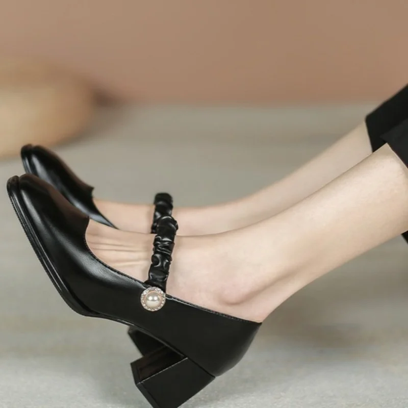 

Woman High Heel Shoes Square Heels Round Toe Mary Janes Pumps Buckle Strap Black Handmade Elegant Women's Work Shoes