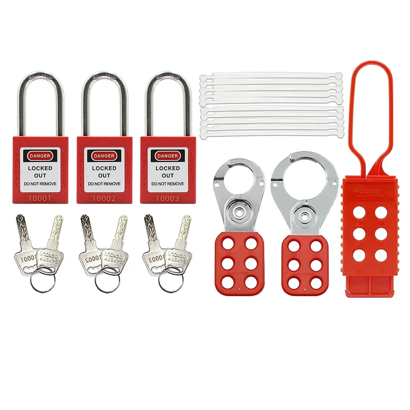 Фото Комплект Lockout Tagout - бирка Lockout Tagout, нейлоновая галстук, нейлоновая сумка для хранения, красный предохранительный замок, замки Lockout Tagout (красный комплект) №2