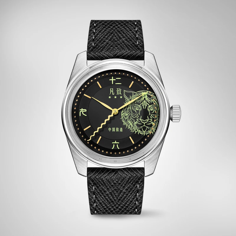 

Мужские наручные часы Merkur, Черные Водонепроницаемые механические часы-пилот в стиле милитари, с ручным ветром 40 мм, водонепроницаемость 50 м, циферблат с изображением тигра, 2019