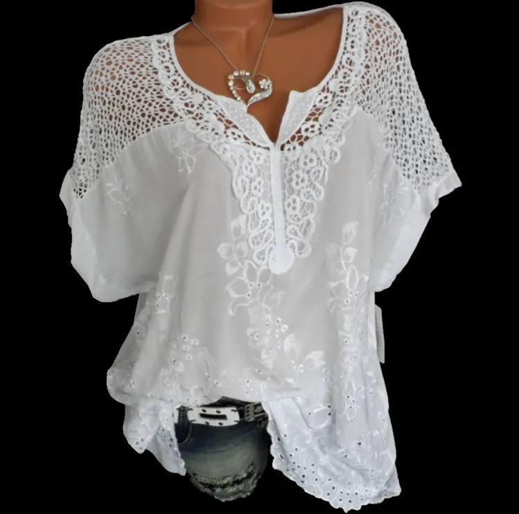 

Woman Oversize Blouses Short Sleeve Tops New Summer Loose Harajuku Lace Shirts Cotton Plus Size Blouses T Shirt Sexy Fashion Top