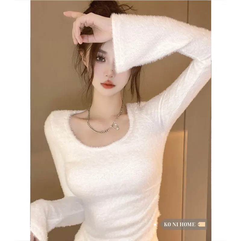 

Одежда Korobov Y2k для женщин, кроп-топы с круглым вырезом, новая осенняя облегающая футболка, однотонная корейская мода с длинным рукавом, женская одежда