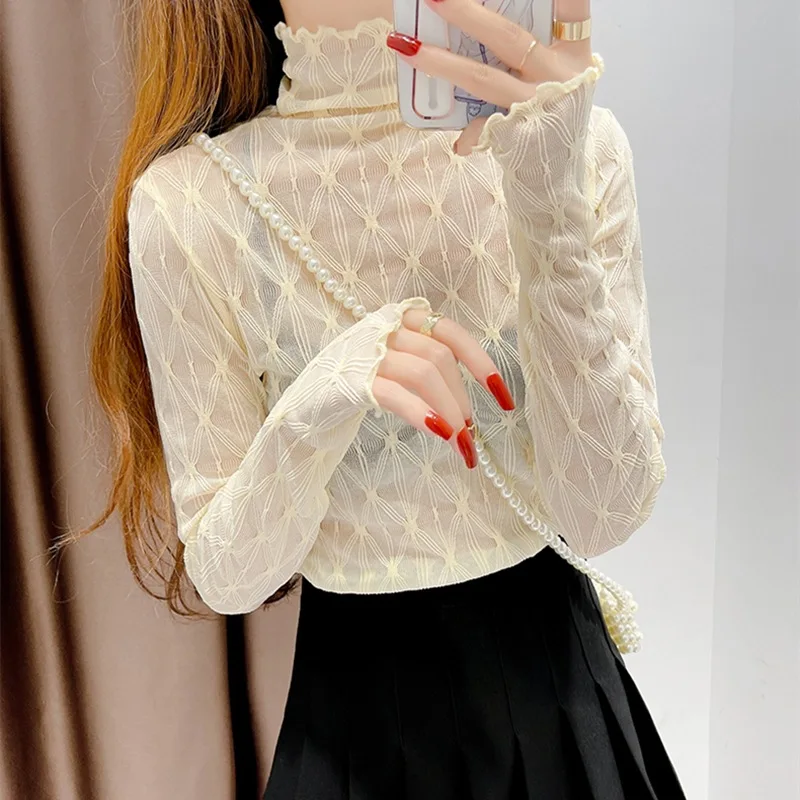 

Women Chiffon Lace Mesh High Collar Bottom T-shirt Female Long Sleeve Autumn Casual Style Tight Thin Tops T-shirts Women Clothes