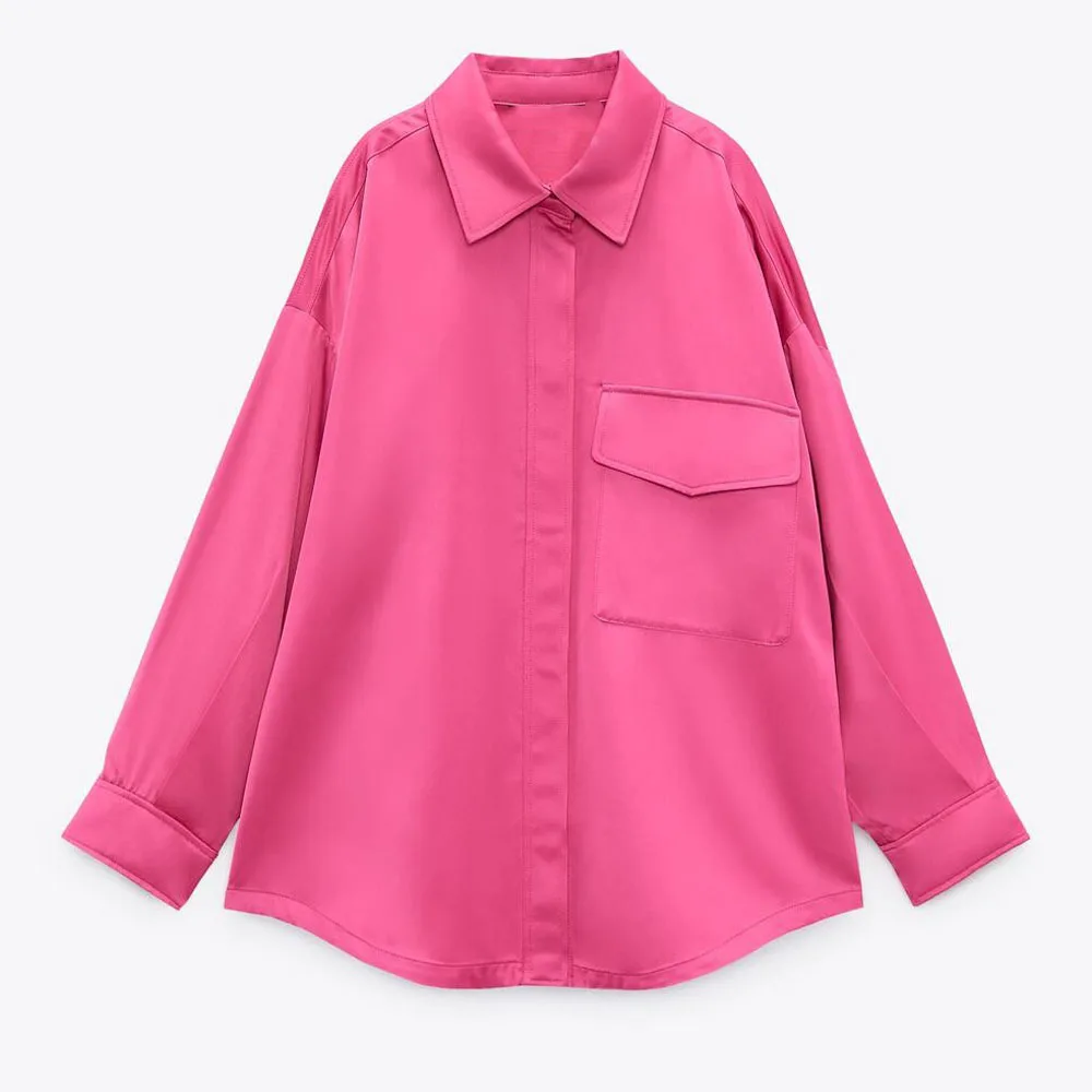 

PB & ZA2022 summer new fashion commuter women's wear single-breasted long sleeve pocket silk satin loose shirt