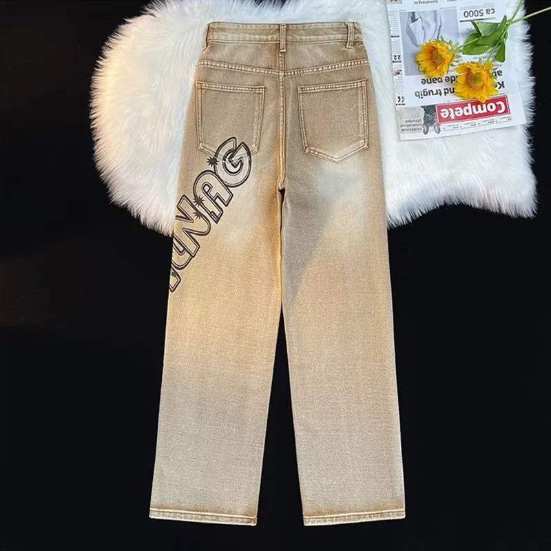 Streetwear Men Letter Graffiti Broad Leg Brown Jeans Autumn and Winter 2022 New Pattern Loose Mopping The Floor Trousers Female