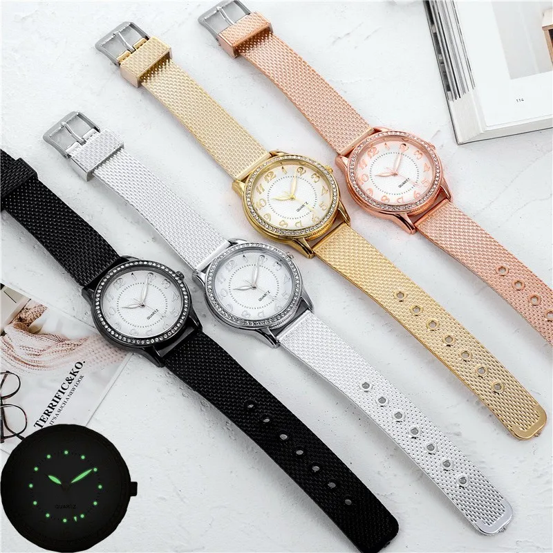 Hot Selling Shining Trendy Diamond Inlaid Nightlight Business Silicone Mesh Belt Women's Quartz Watch For Women's Holiday Gifts