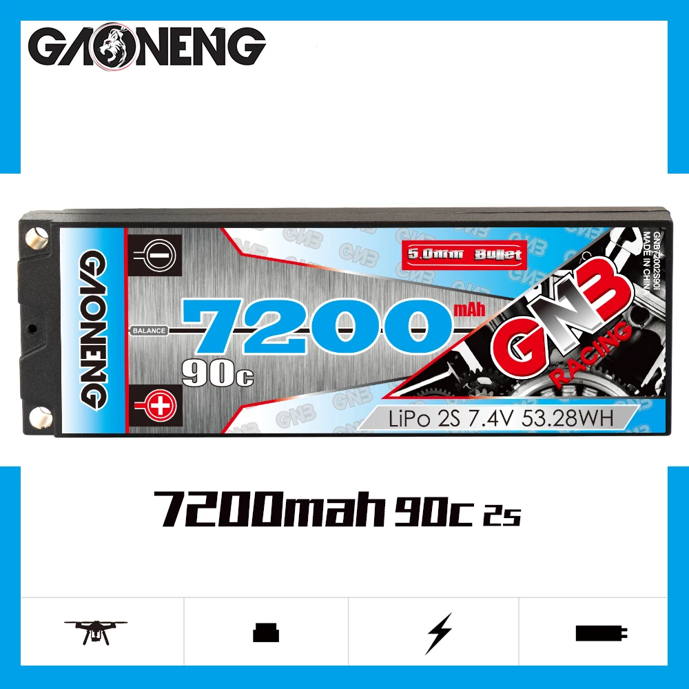 

Gaoneng GNB 7200mAh 2S1P 7.4V 90C/180C 5.0mm Bullet Hardcase LiPo Battery With T XT60 EC5 Plug For 1:10 1/10 4WD RC Car Boat