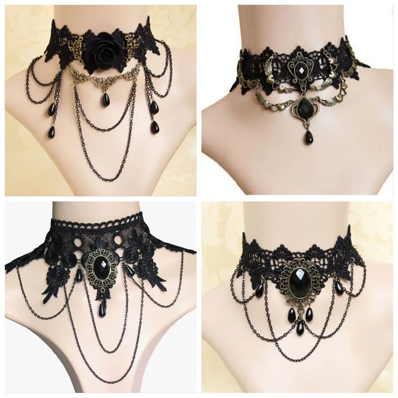 Женское винтажное Кружевное колье черное готическое викторианское ожерелье с