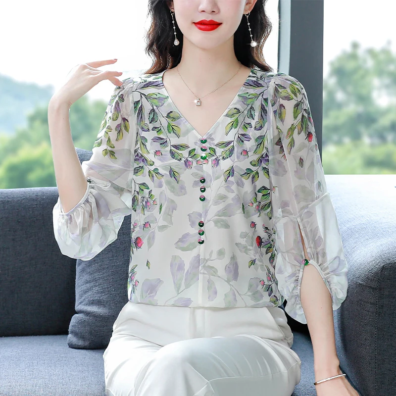 

S-3XL Lantern Sleeve Chiffon Shirt 2023 Spring Auutmn New Fashion Women Blouse V-Neck Loose Floral Printed Top