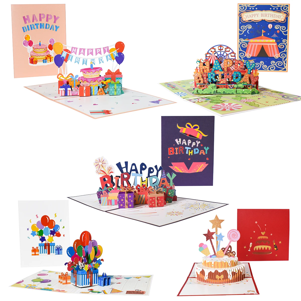 

5 Pack Birthday 3D Greeting Cards Gift Mixed Designs Pop Up Cards Bulk for Mom Kids Dad