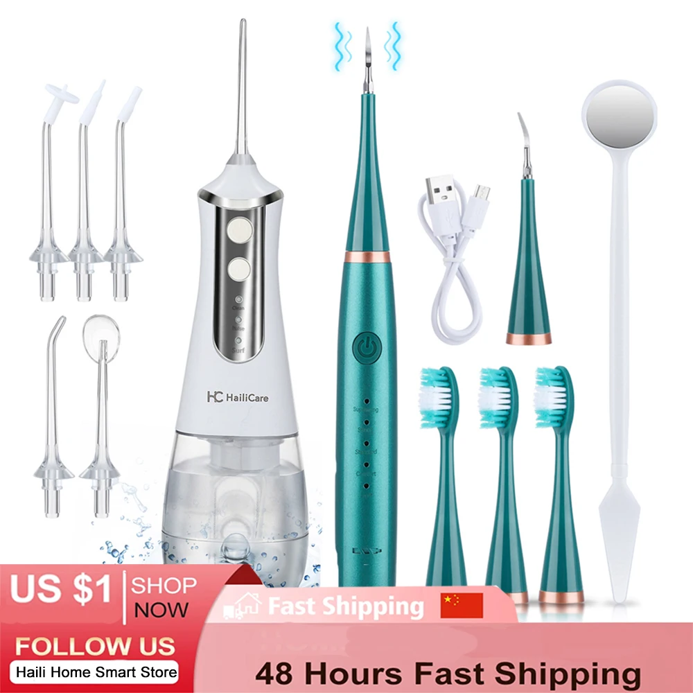 

Electric Oral Irrigator+Ultrasonic Dental Calculus Set USB Water Jet Floss Tooth Pick 5Jet Tip Teeth Cleaner Teeth Whitening